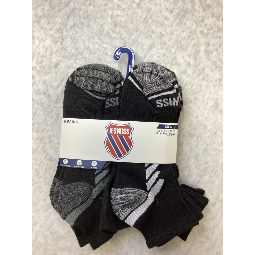 K-Swiss‎ Mens 6 Pair Performance Quarter Socks Black Grey Shoe Size 6-12.5 NEW